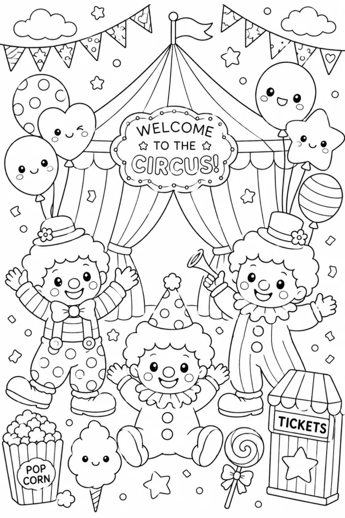 Kawaii Circus Scene Coloring Pages Free Printable - Adorab - Design 1