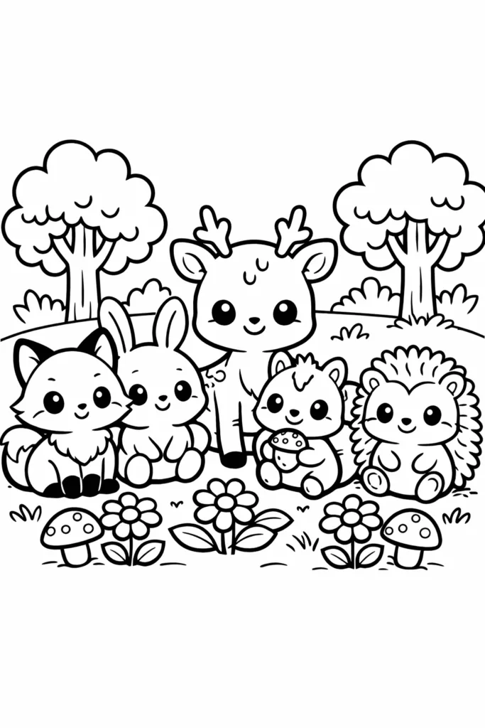 Woodland Animals Coloring Pages Free Printable - Cute - Design 3