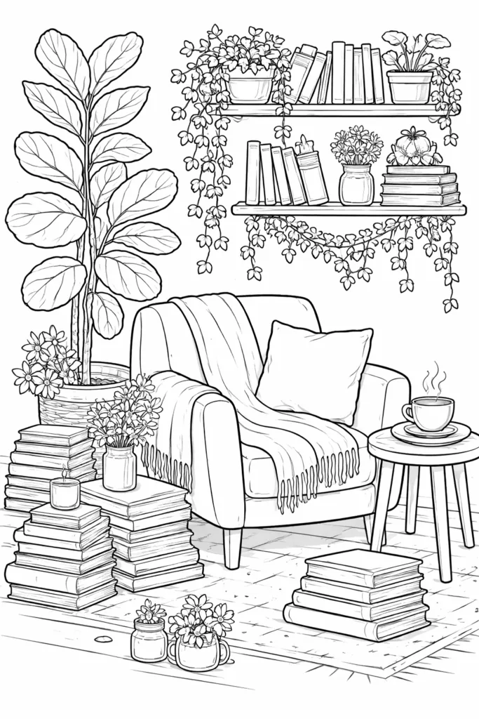 Cozy Room Coloring Pages Free Printable - Relaxing - Design 3
