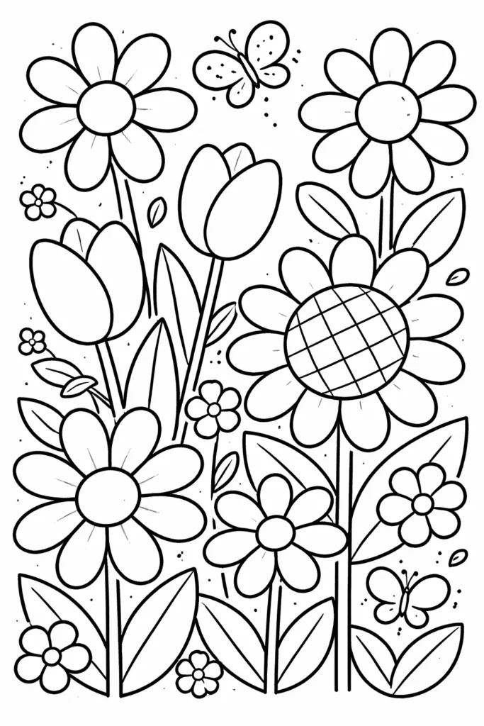 Easy Flowers Coloring Pages Free Printable for Kids - Design 3
