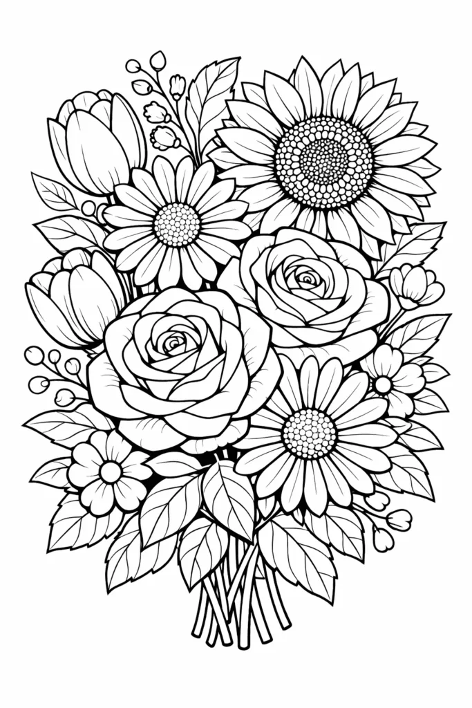 Flowers Coloring Pages Free Printable for Kids & Adults - Design 4