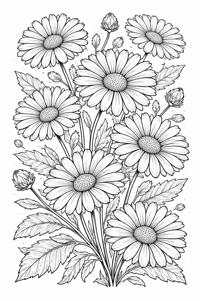 Daisy Flowers Coloring Pages Free Printable - Relaxing - Design 3