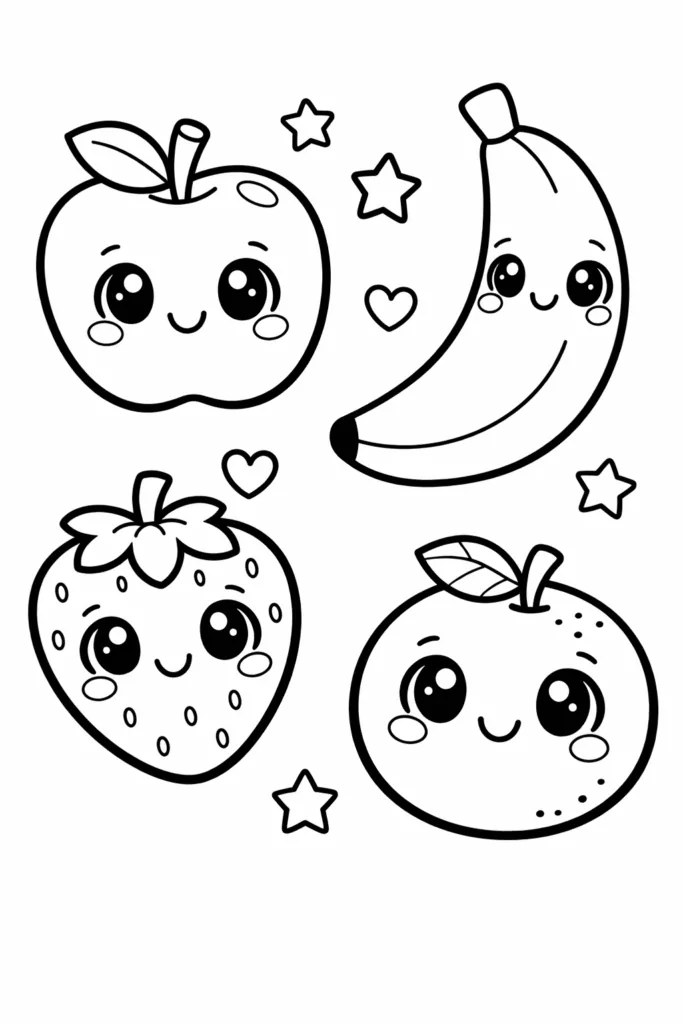 Cute Fruits Coloring Pages Free Printable for Kids - Design 3