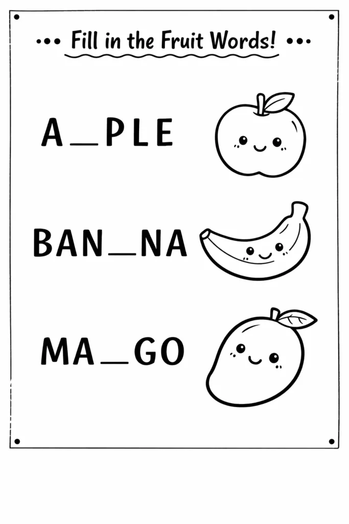 Kids Fill in the Missing Letters Coloring Worksheets Free - Design 1