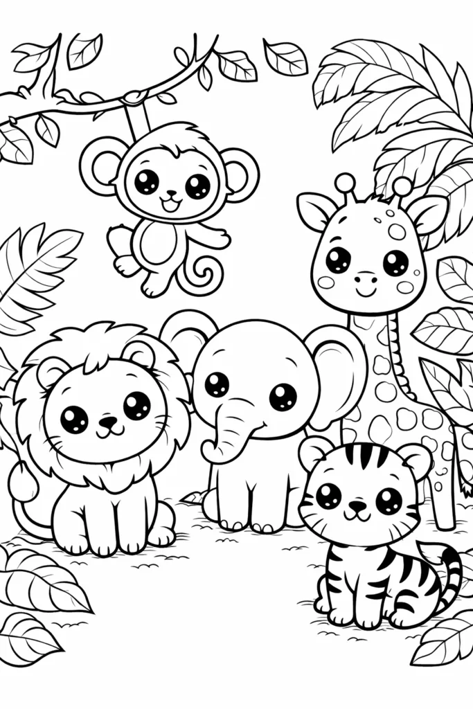 Jungle Animals Coloring Pages Free Printable for Kids - Design 3