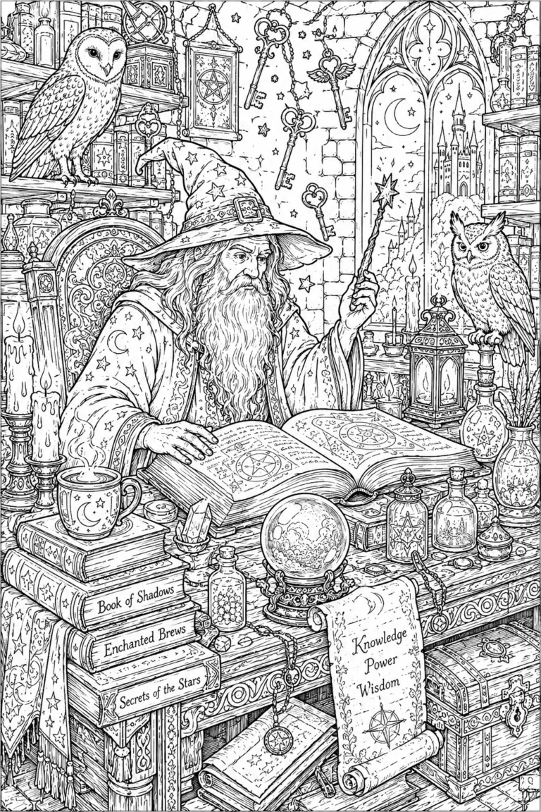 magical wizard study coloring pages