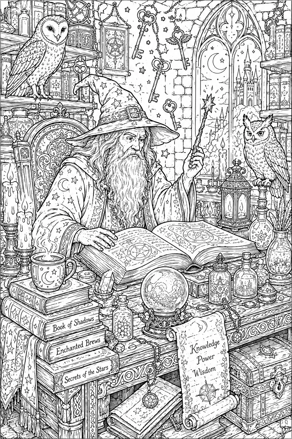 Magical Wizard Study Coloring Pages Free Printable - Cute - Design 3