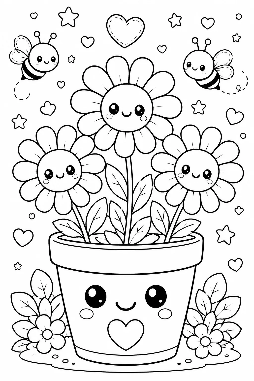 cute kawaii flowers pot coloring pages free printable - Design 1