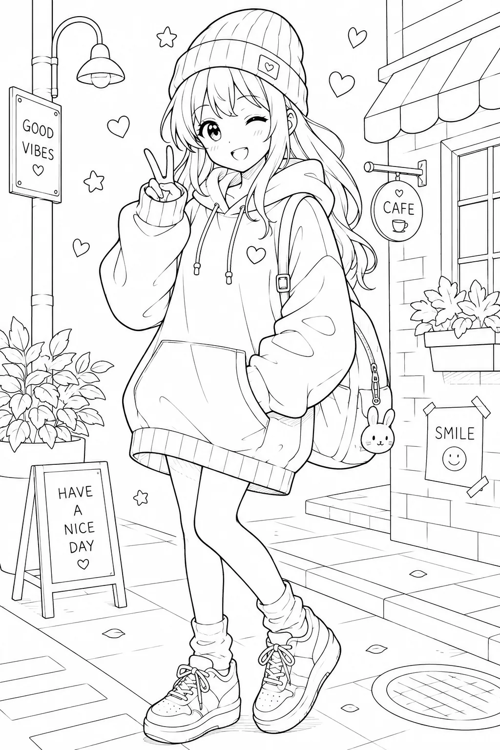 Cute Anime-Style Girl Coloring Pages Free Printable - Design 1