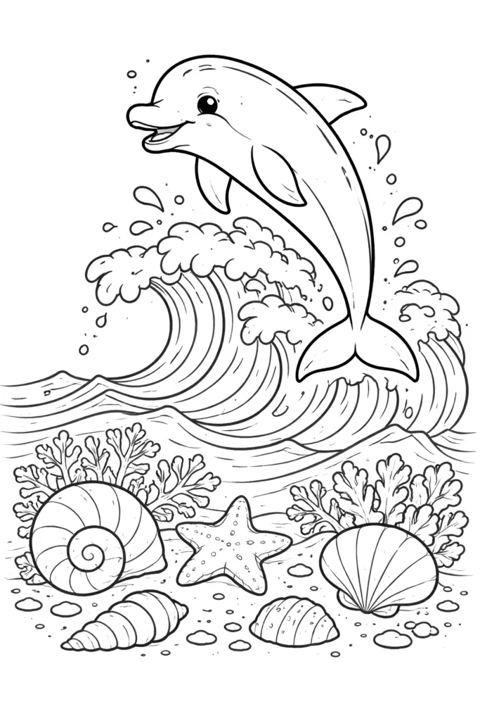 Cheerful dolphin leaping through waves - Cute Dolphin Coloring Pages Free Printable for Kids - Ador