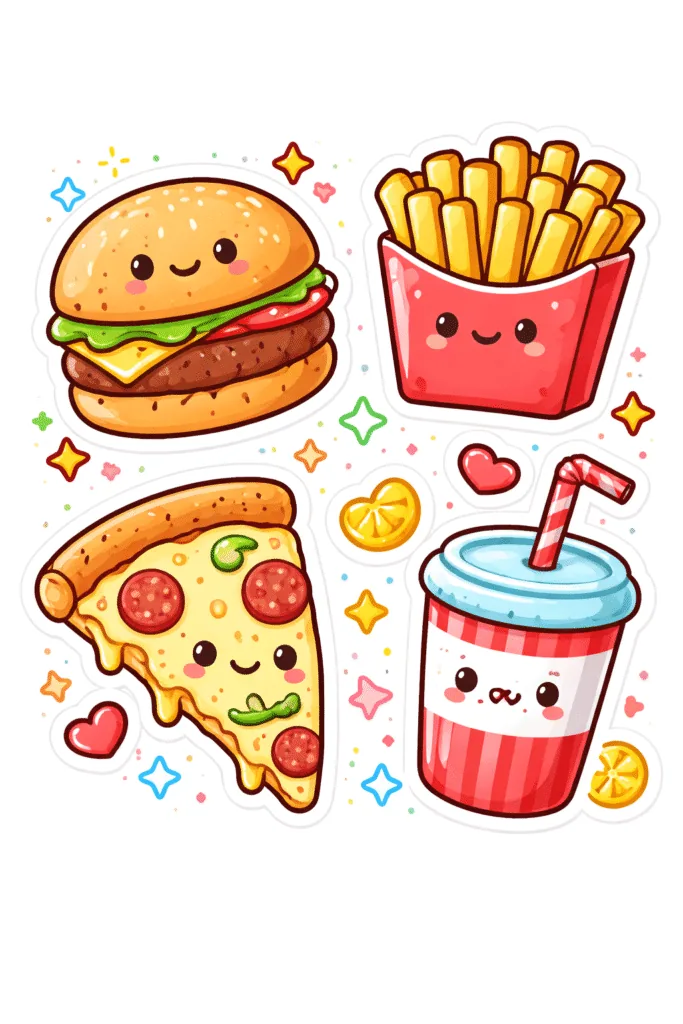 Cute kawaii food stickers collection - Food Doodle Stickers Free Printable - Cute
