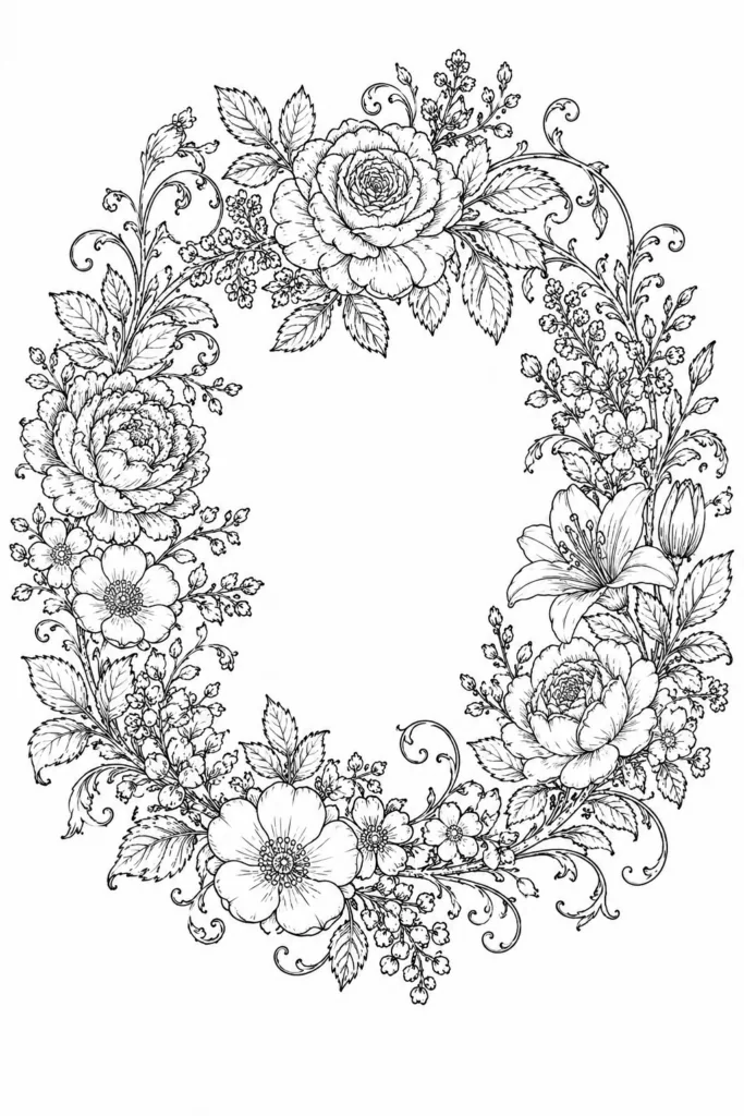 Floral wreath Design 9 - Floral Wreath Coloring Pages Free Printable - Beautiful