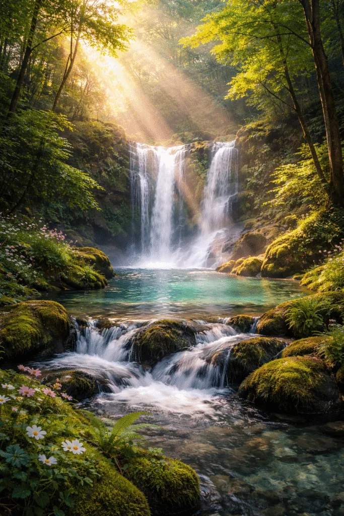 Hidden waterfall forest glow - Mobile Wallpapers - Beautiful Dreamy Aesthetic