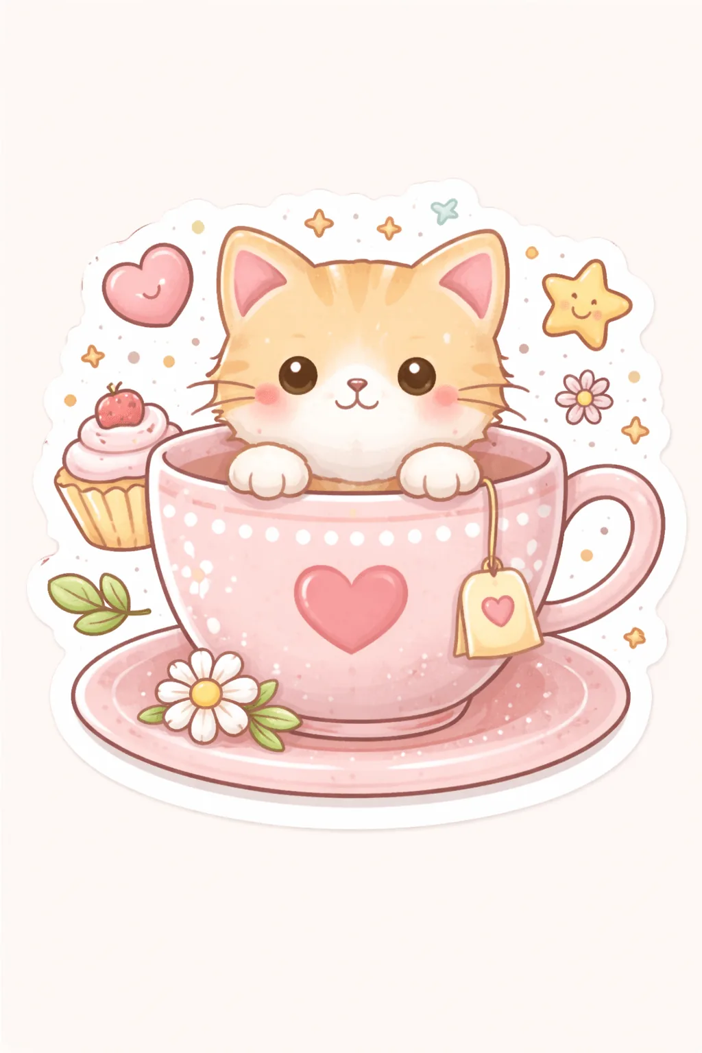 Kitten teacup hearts - Cute Doodle Stickers Free Download - Adorable