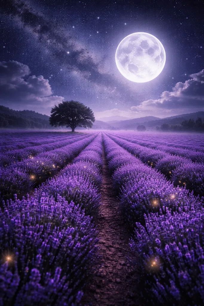 Lavender field under moonlight - Aesthetic Wallpapers for Mobile - Cute iPhone