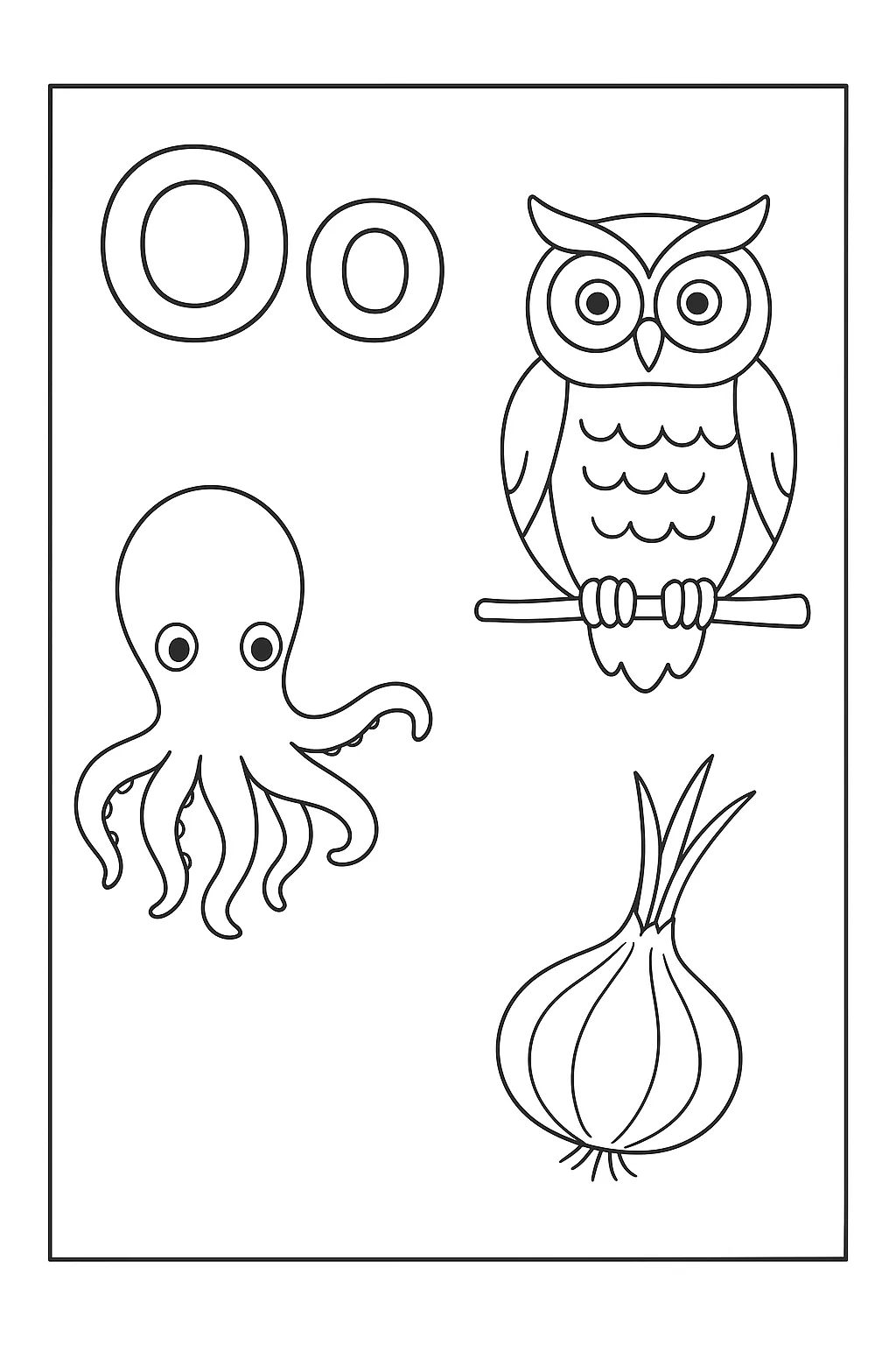 Owl octopus onion - Free Printable Alphabet Coloring Pages/Book with Pictures (Ultimate Guide for Kids & Parents!)