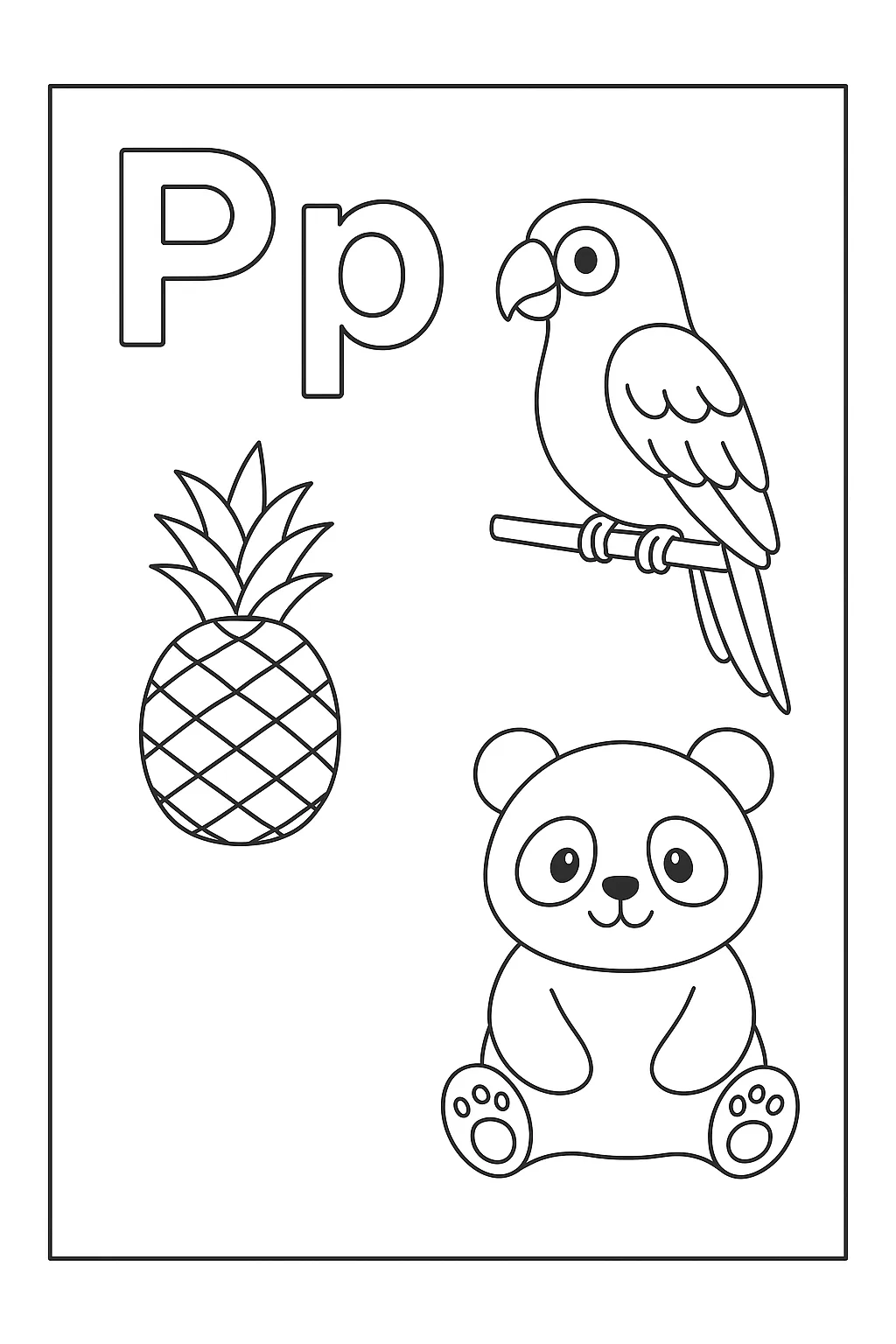Parrot pineapple panda - Free Printable Alphabet Coloring Pages/Book with Pictures (Ultimate Guide for Kids & Parents!)