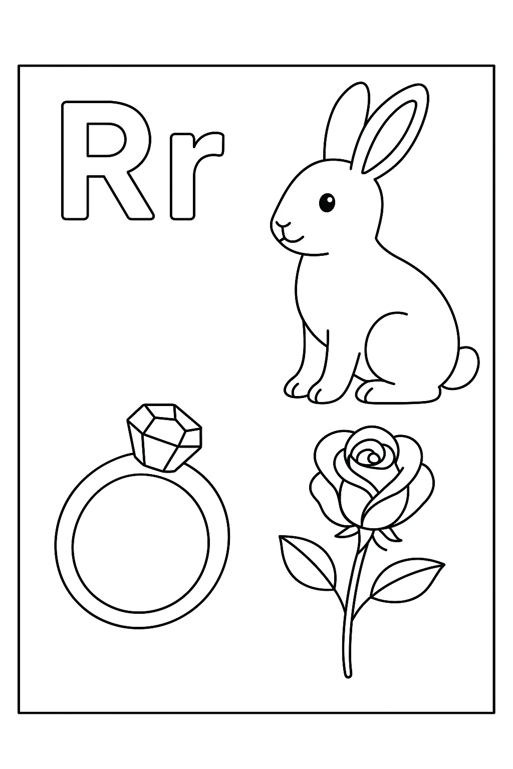 Rabbits rings roses design - Free Printable Alphabet Coloring Pages/Book with Pictures (Ultimate Guide for Kids & Parents!)