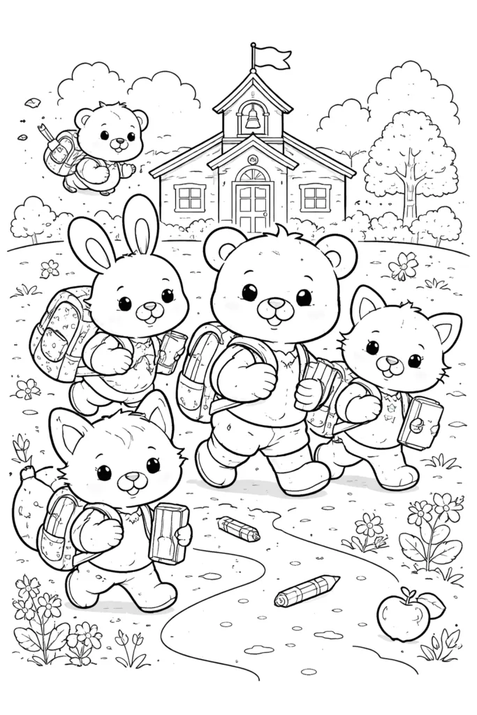 School friends walking class - Cute Cartoon Animals Coloring Pages Free Printable