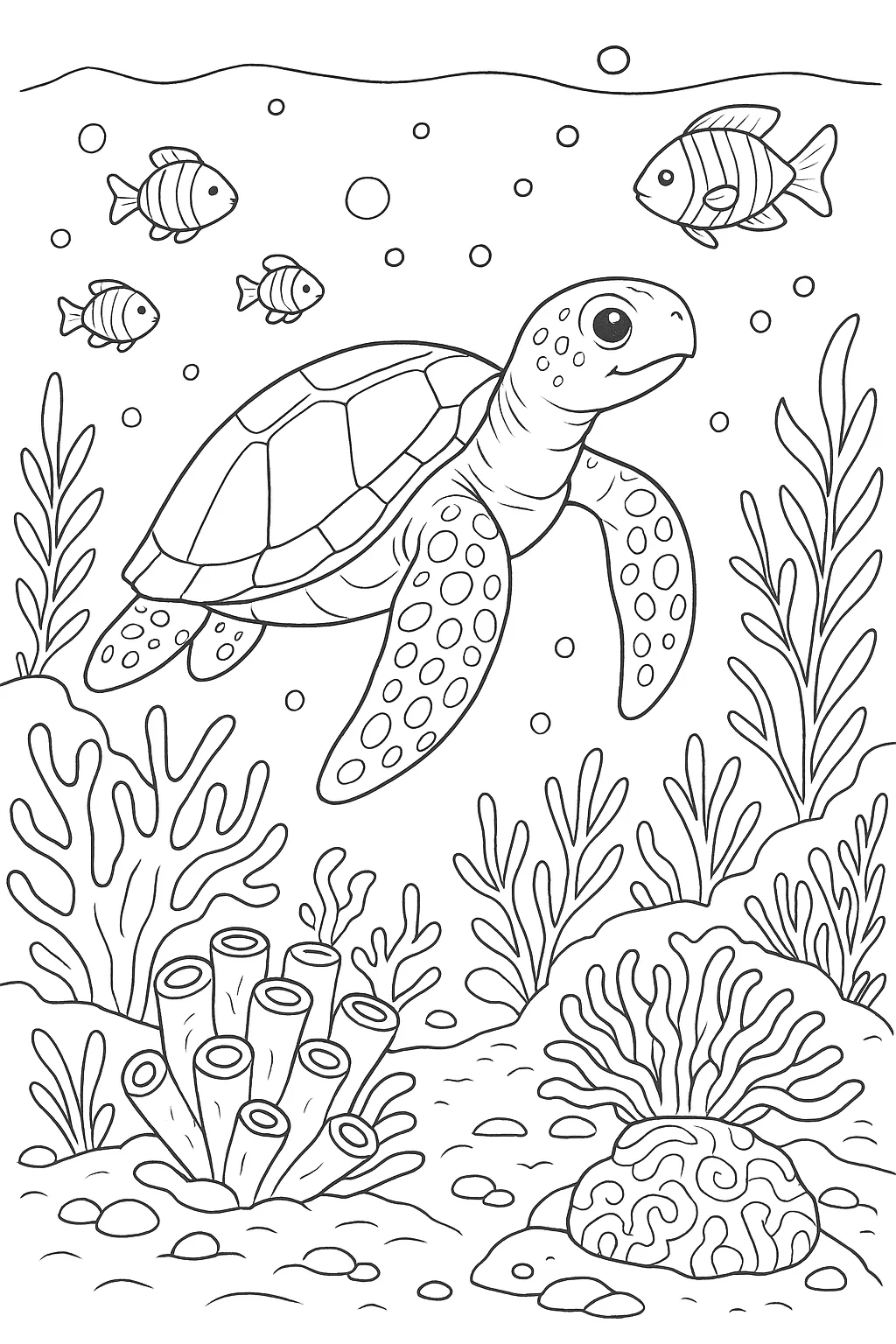 Sea turtle among coral reef - Adorable Turtle Coloring Pages for Kids — Free Printable Fun for Home & Classroom
