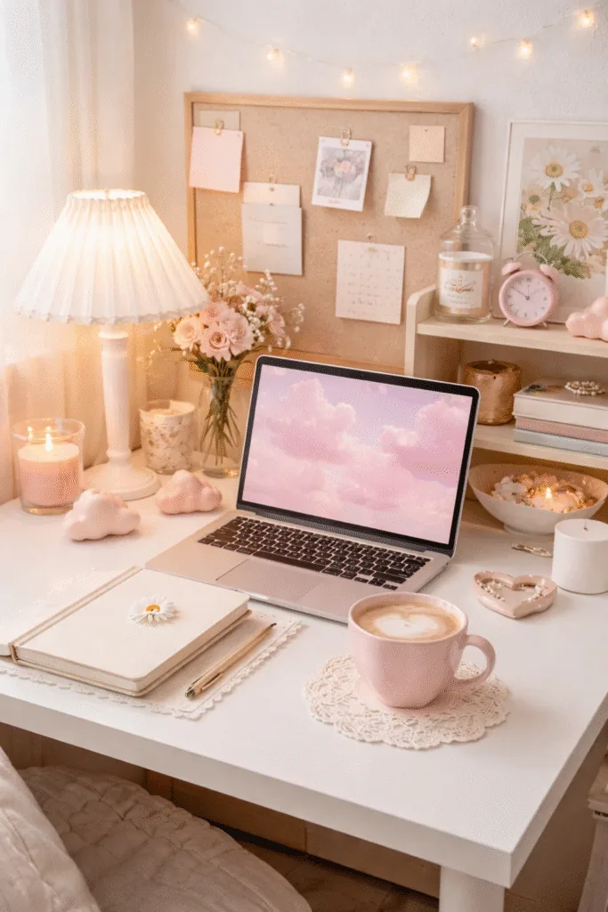 Serene pastel workspace setup - Aesthetic Corner Setup Ideas: 5 Free Cozy & Cute Desk Inspo