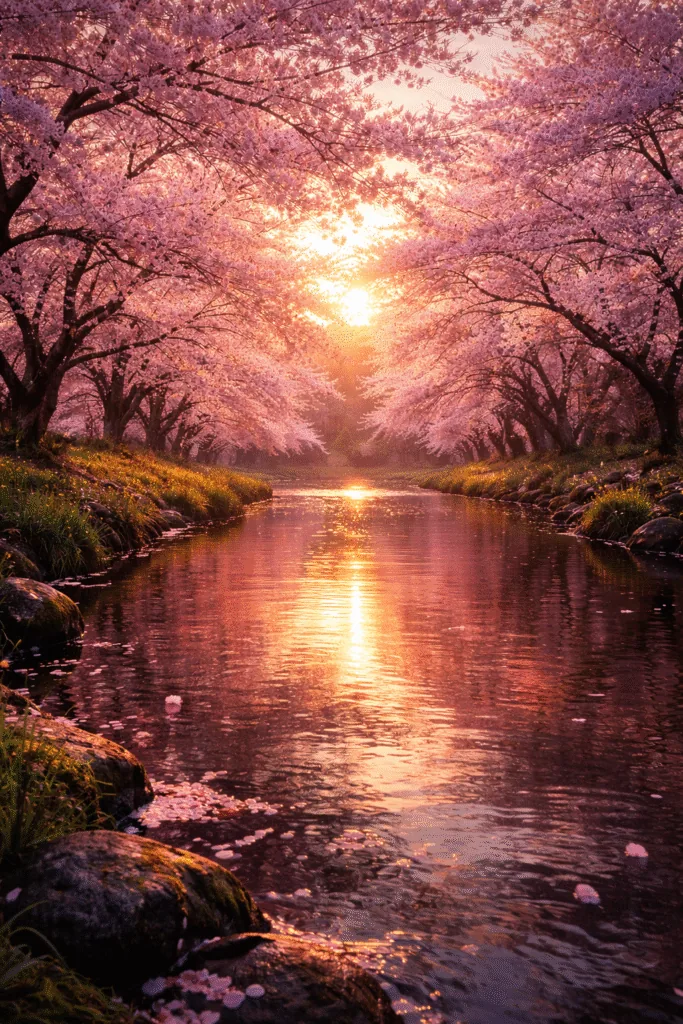 Sunset over cherry blossom river - Aesthetic Wallpapers for Mobile - Cute iPhone