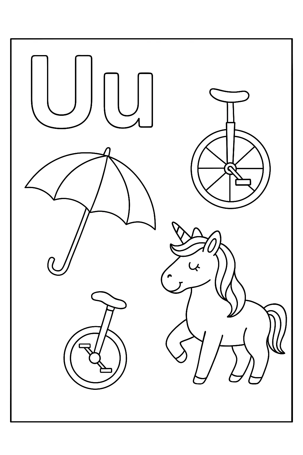 Unicorn umbrella - Free Printable Alphabet Coloring Pages/Book with Pictures (Ultimate Guide for Kids & Parents!)