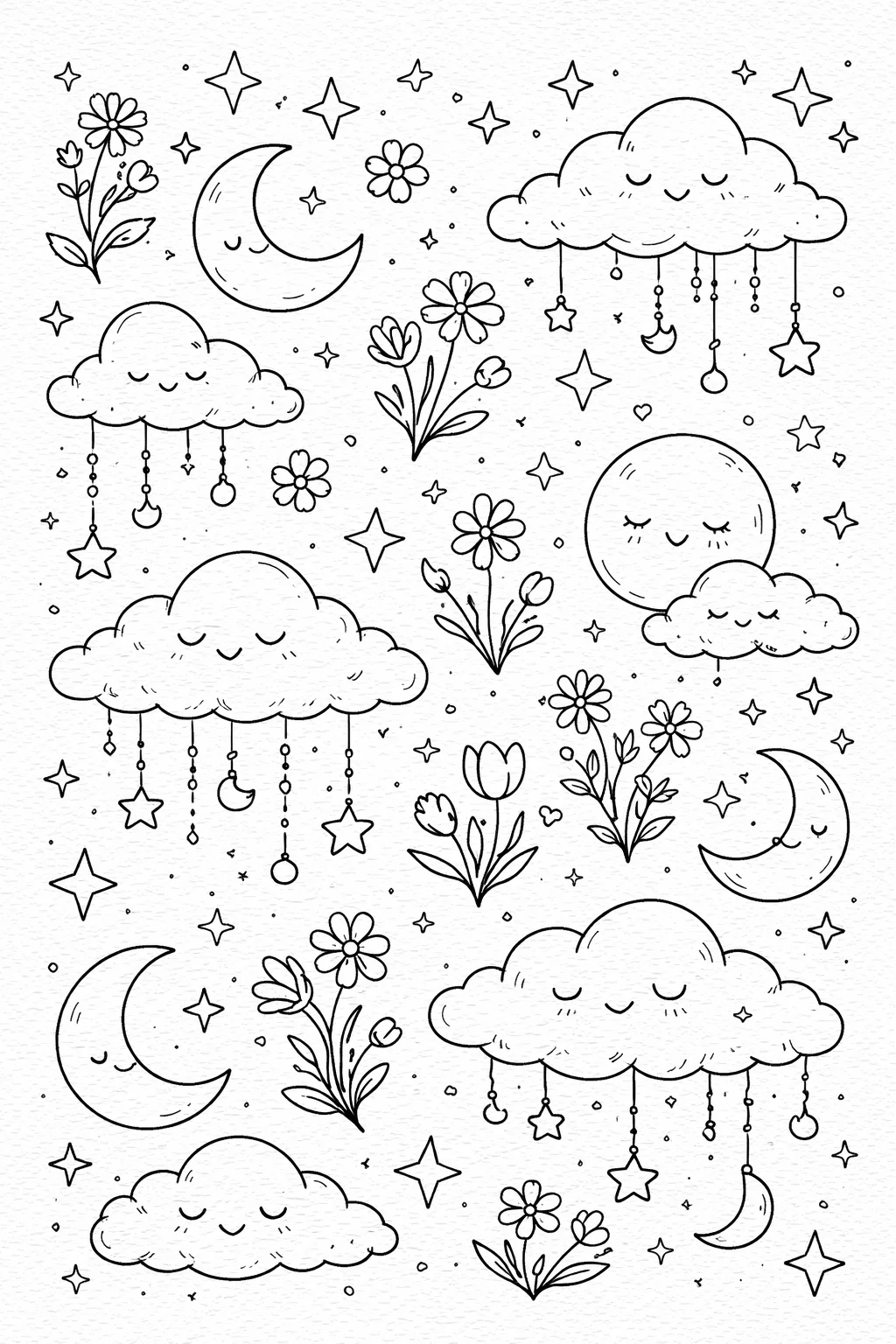 Whimsical night sky doodles - Cute Coloring Pages Free Printable for Kids - Adorable