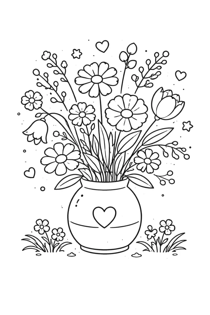 Wildflower bouquet heart vase - Flowers Bouquet Coloring Pages Free Printable for Kids