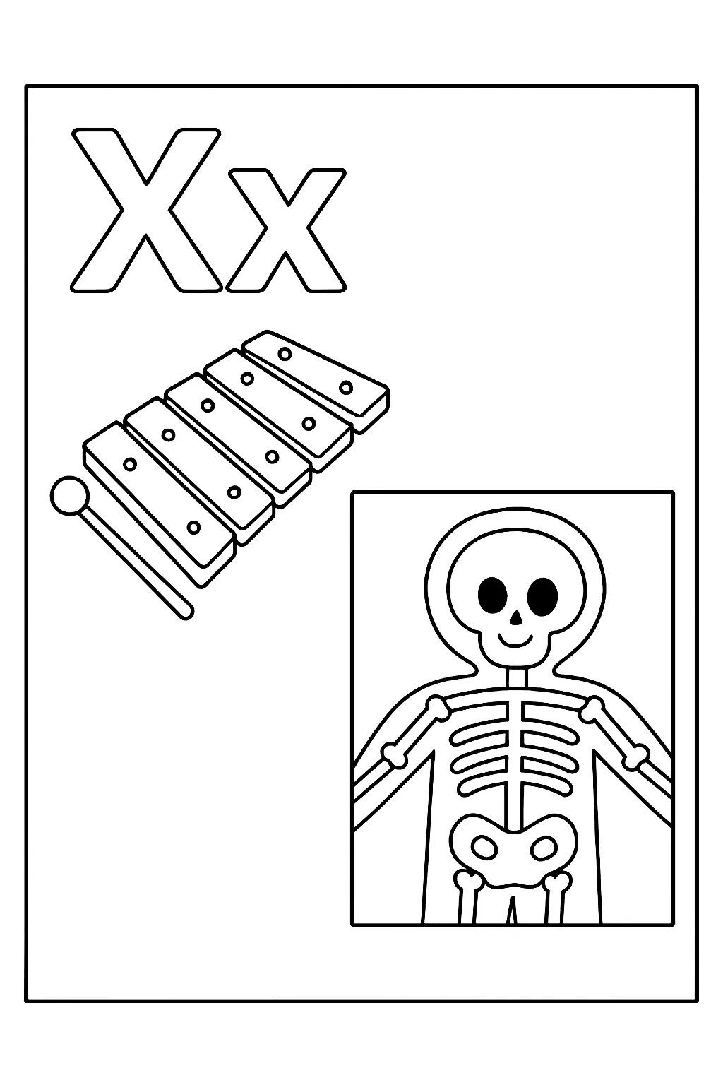 Xylophone skeleton fun - Free Printable Alphabet Coloring Pages/Book with Pictures (Ultimate Guide for Kids & Parents!)