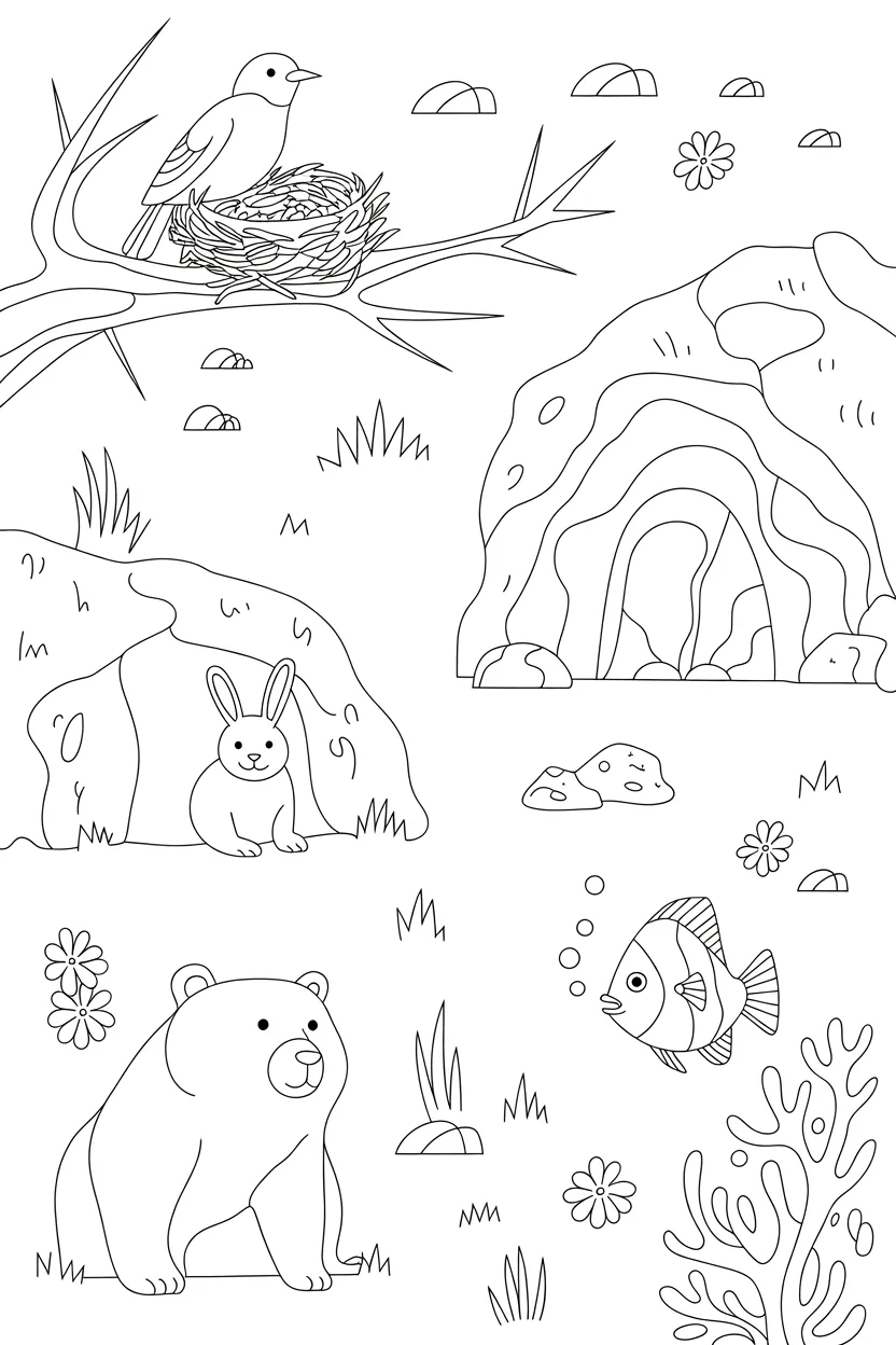 Homes Design 2 - Animals and Their Homes Coloring Pages Free Printable