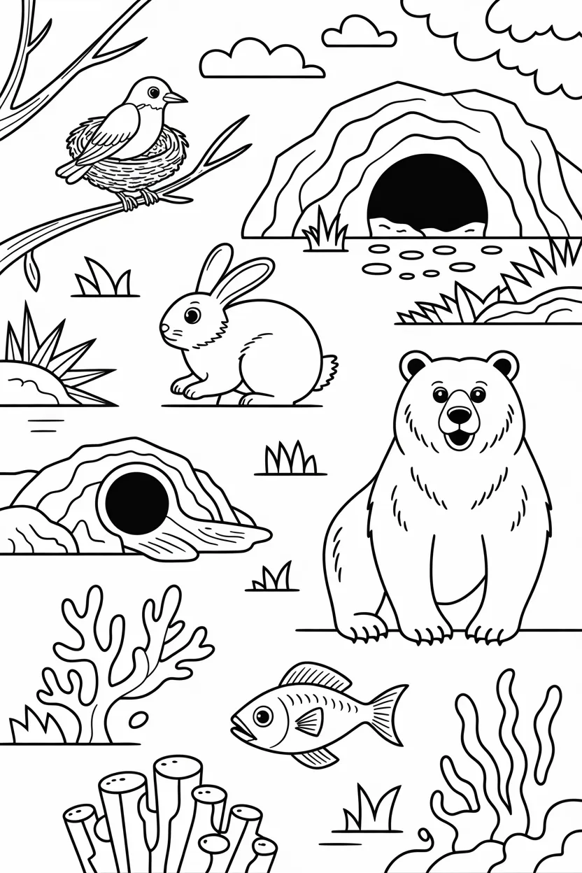 Homes Design 4 - Animals and Their Homes Coloring Pages Free Printable