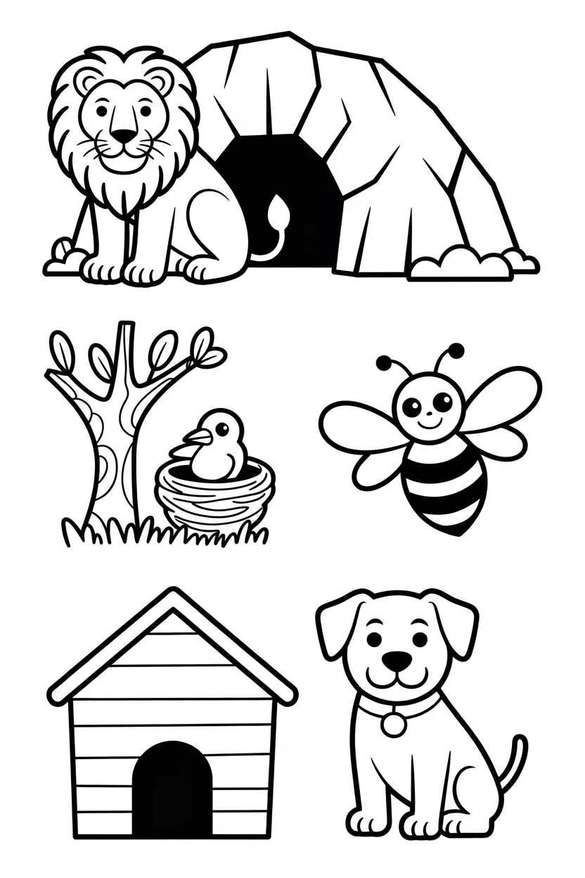 Animal homes kids Design 1 - Animal Homes Coloring Pages Kids Printable Worksheet