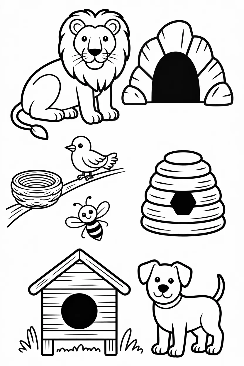 Animal homes kids Design 2 - Animal Homes Coloring Pages Kids Printable Worksheet
