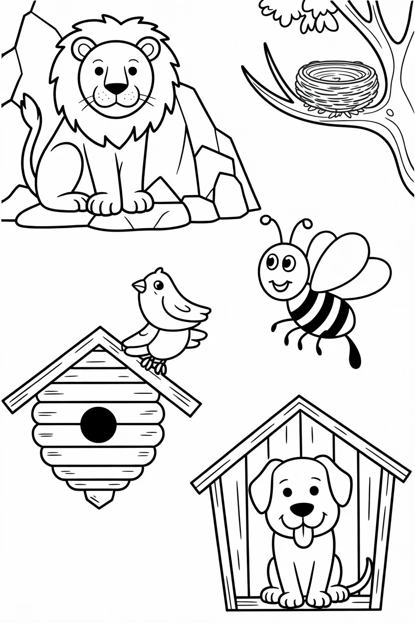 Animal homes kids Design 3 - Animal Homes Coloring Pages Kids Printable Worksheet