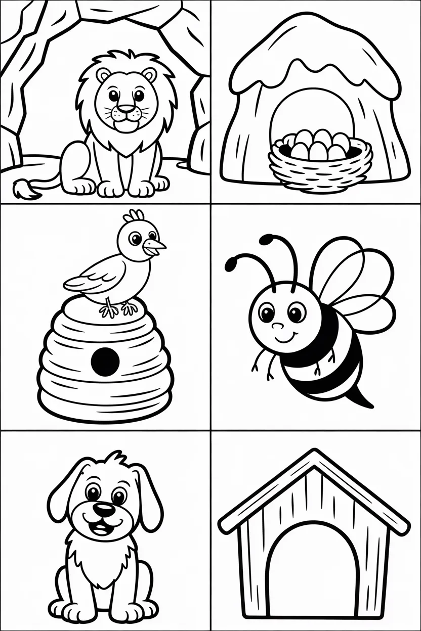 Animal homes kids Design 4 - Animal Homes Coloring Pages Kids Printable Worksheet