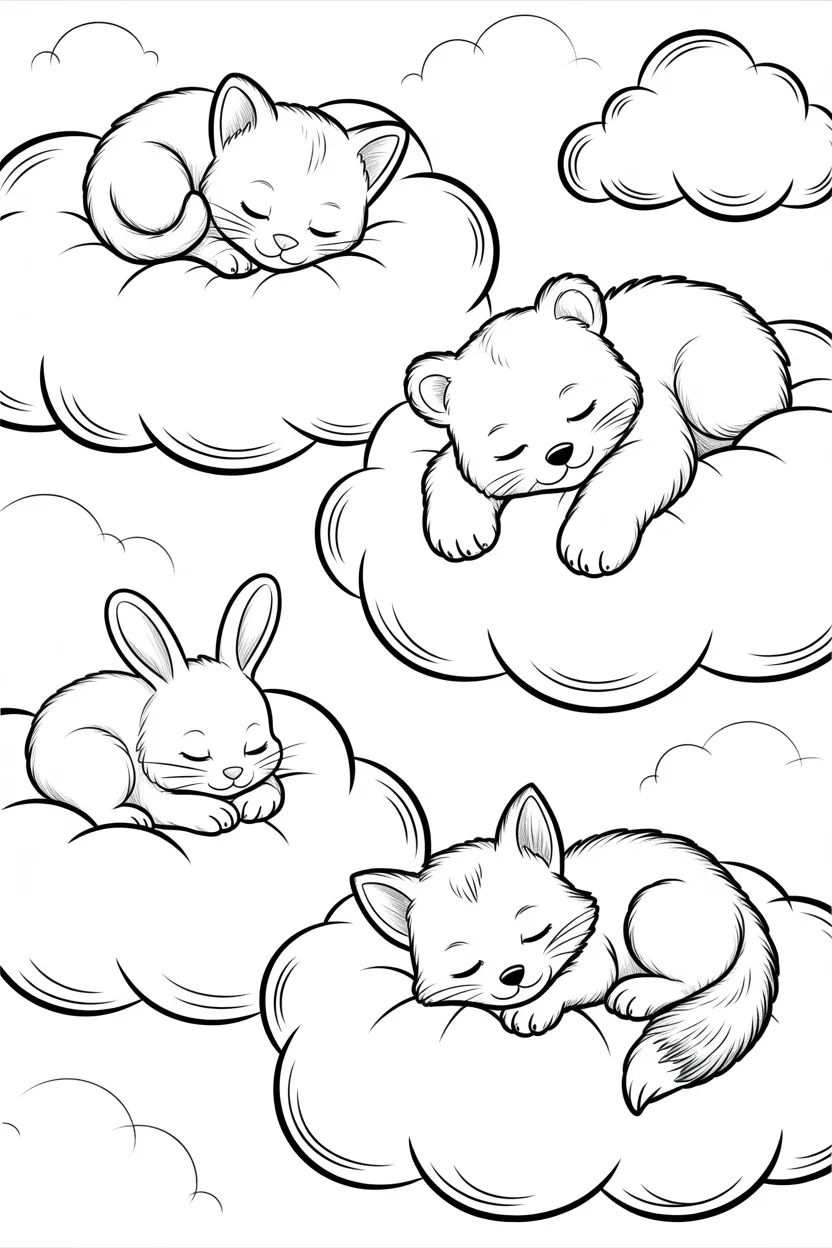 Baby animals clouds Design 1 - Baby Animals Sleeping on Clouds Coloring Pages Free