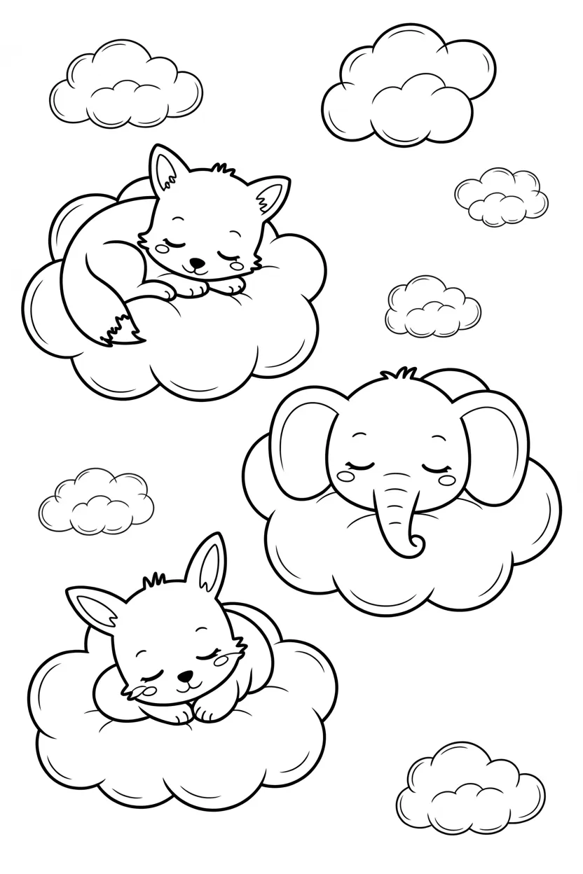 Baby animals clouds Design 2 - Baby Animals Sleeping on Clouds Coloring Pages Free