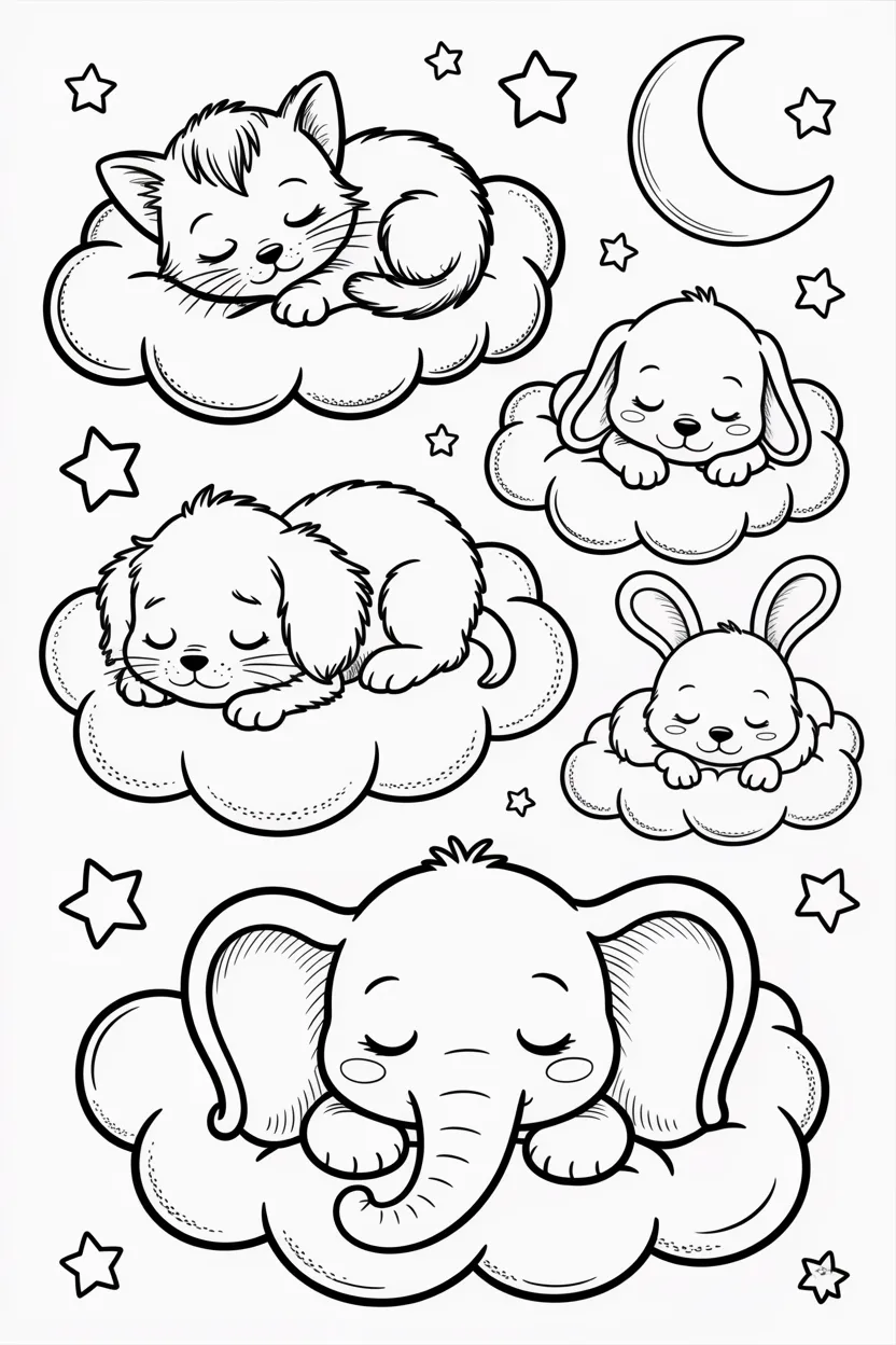 Baby animals clouds Design 3 - Baby Animals Sleeping on Clouds Coloring Pages Free