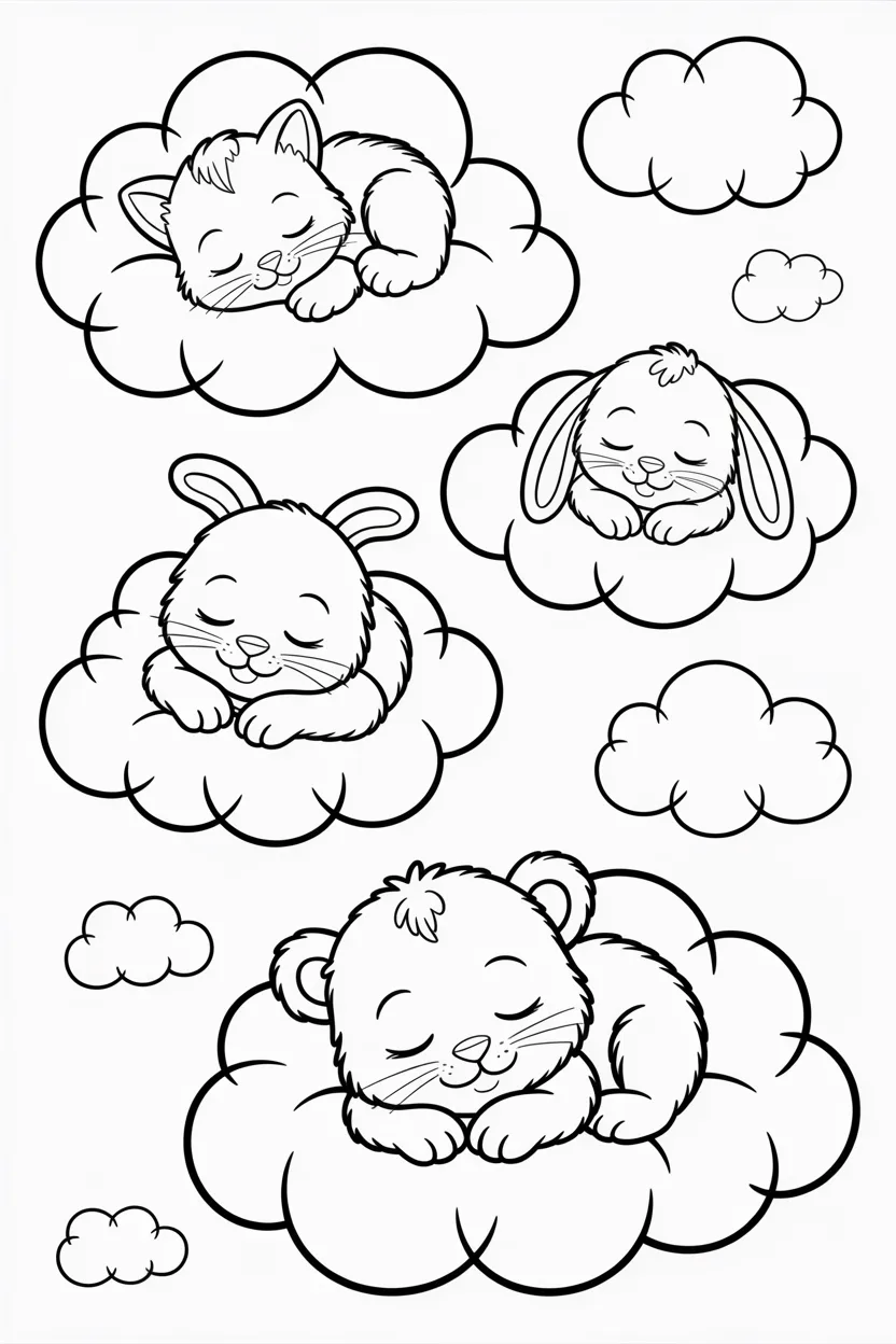 Baby animals clouds Design 4 - Baby Animals Sleeping on Clouds Coloring Pages Free