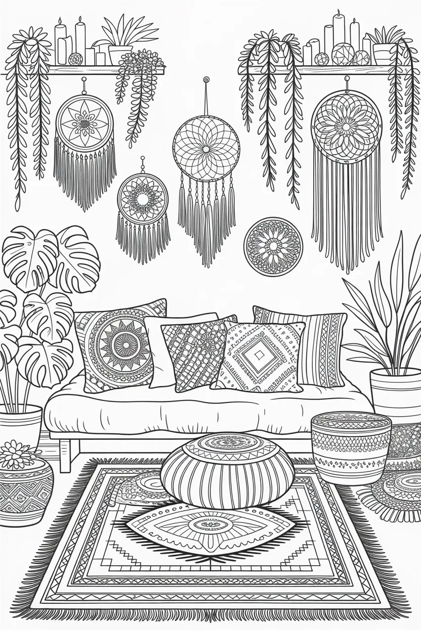 Boho style room Design 1 - Boho style room coloring pages free printable - Cozy