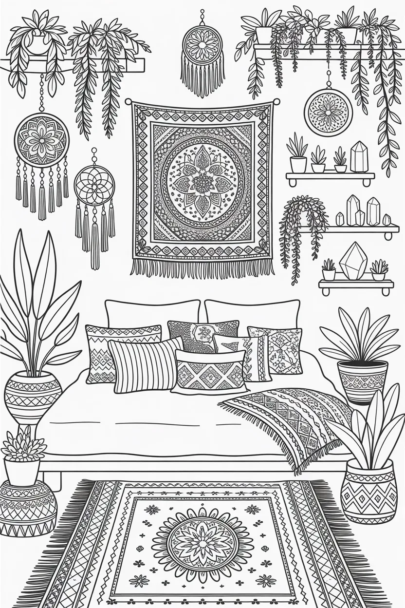 Boho style room Design 2 - Boho style room coloring pages free printable - Cozy