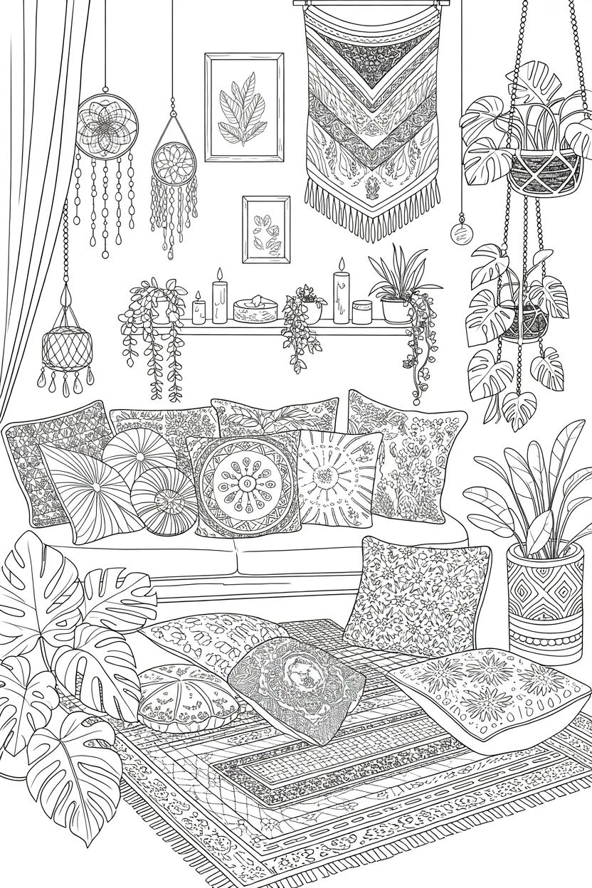 Boho style room Design 3 - Boho style room coloring pages free printable - Cozy