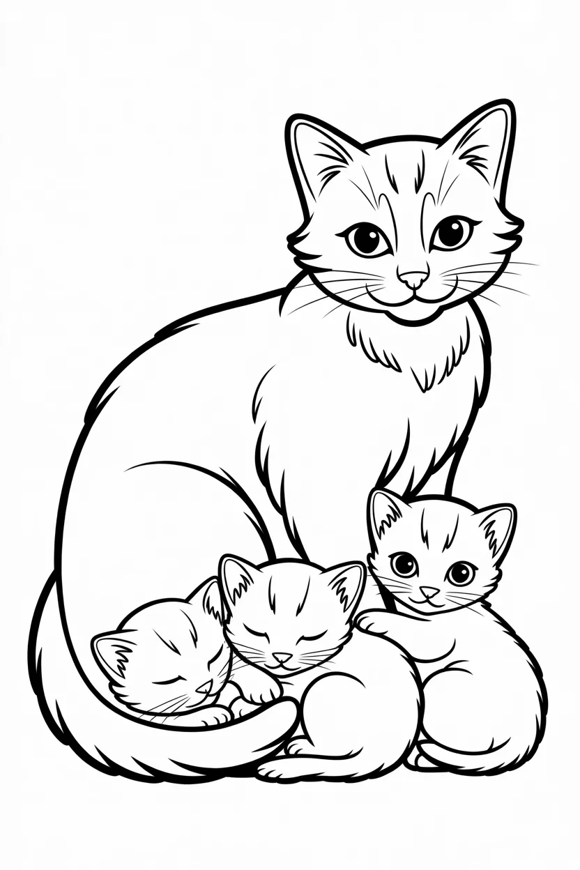 Cat kittens Design 1 - Cat with Kittens Coloring Pages Free Printable for Kids