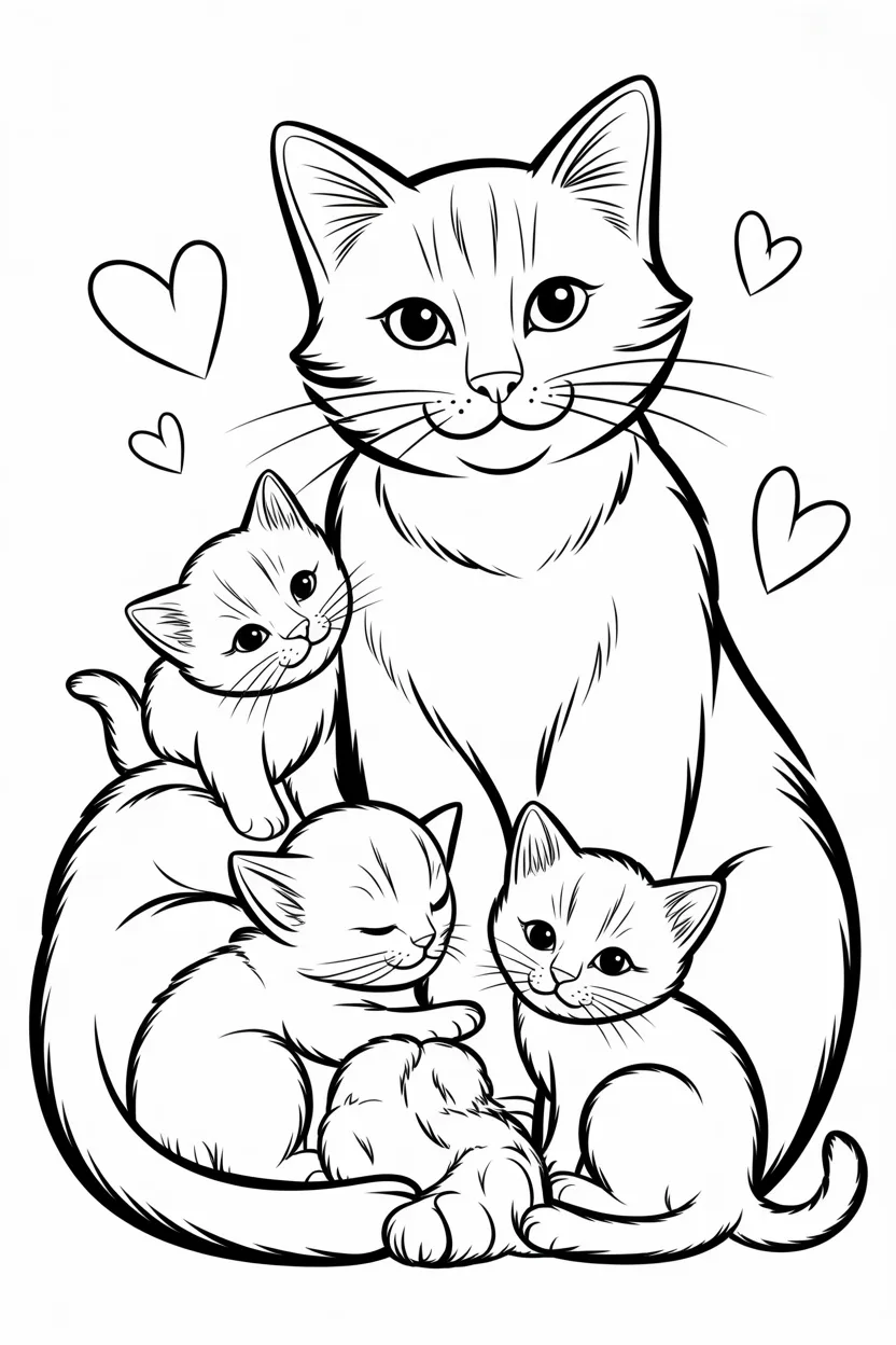 Cat kittens Design 2 - Cat with Kittens Coloring Pages Free Printable for Kids