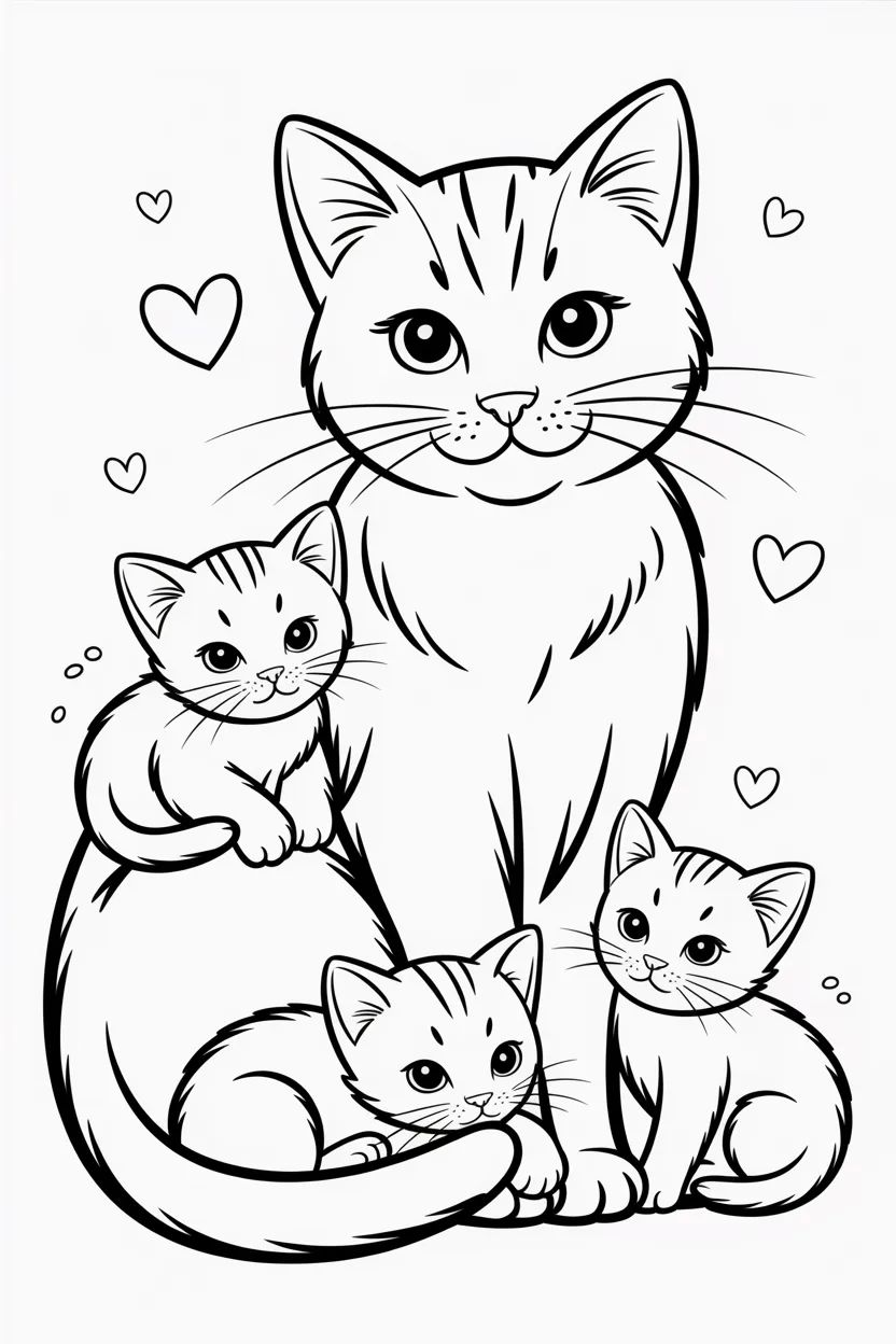 Cat kittens Design 3 - Cat with Kittens Coloring Pages Free Printable for Kids