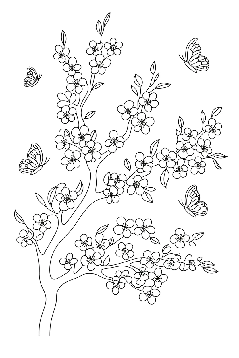 Cherry blossom tree Design 1 - Cherry blossom tree coloring pages Free Printable