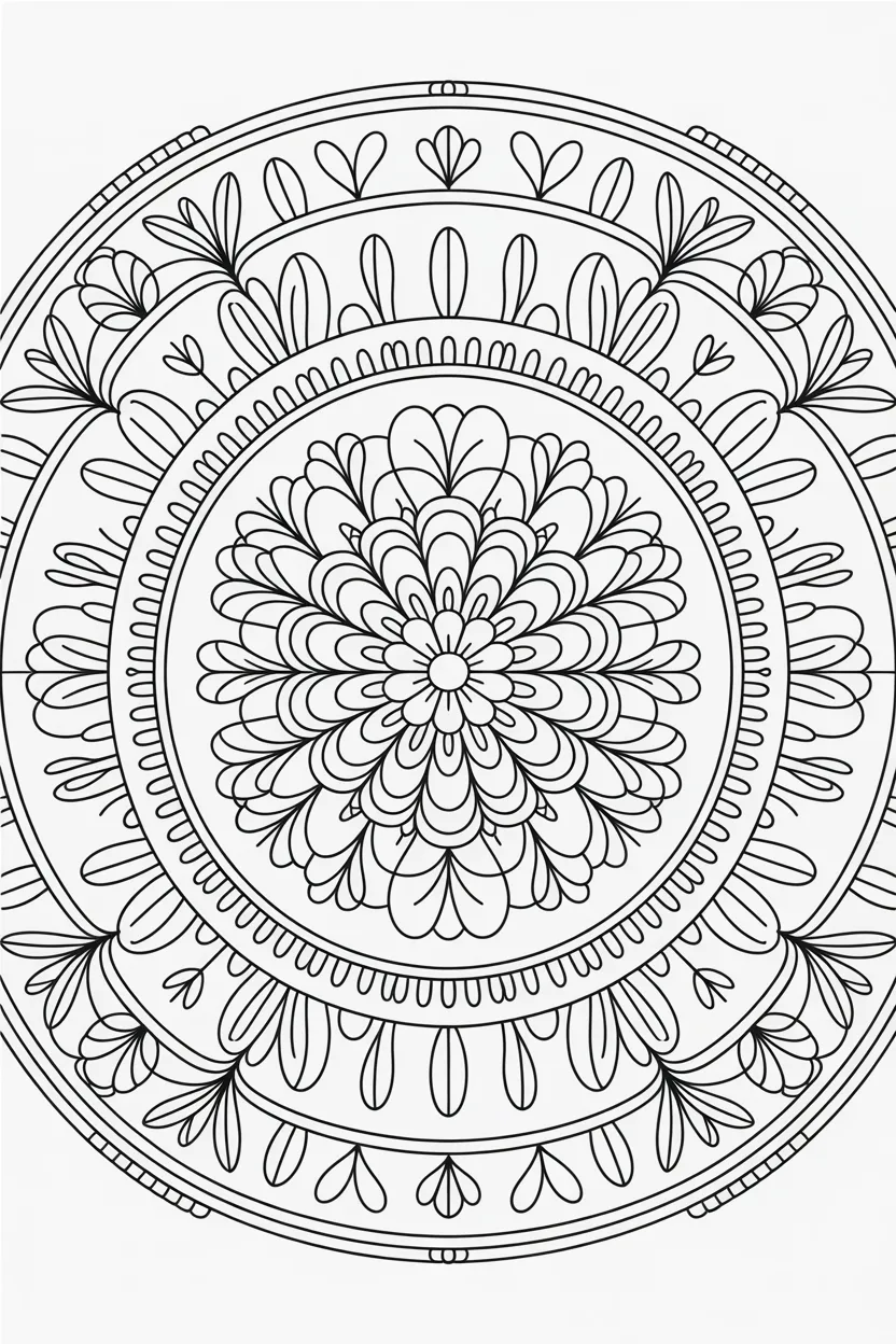 Circular flower mandala Design 4 - Circular Flower Mandala, Stress-Relief Coloring Page Free
