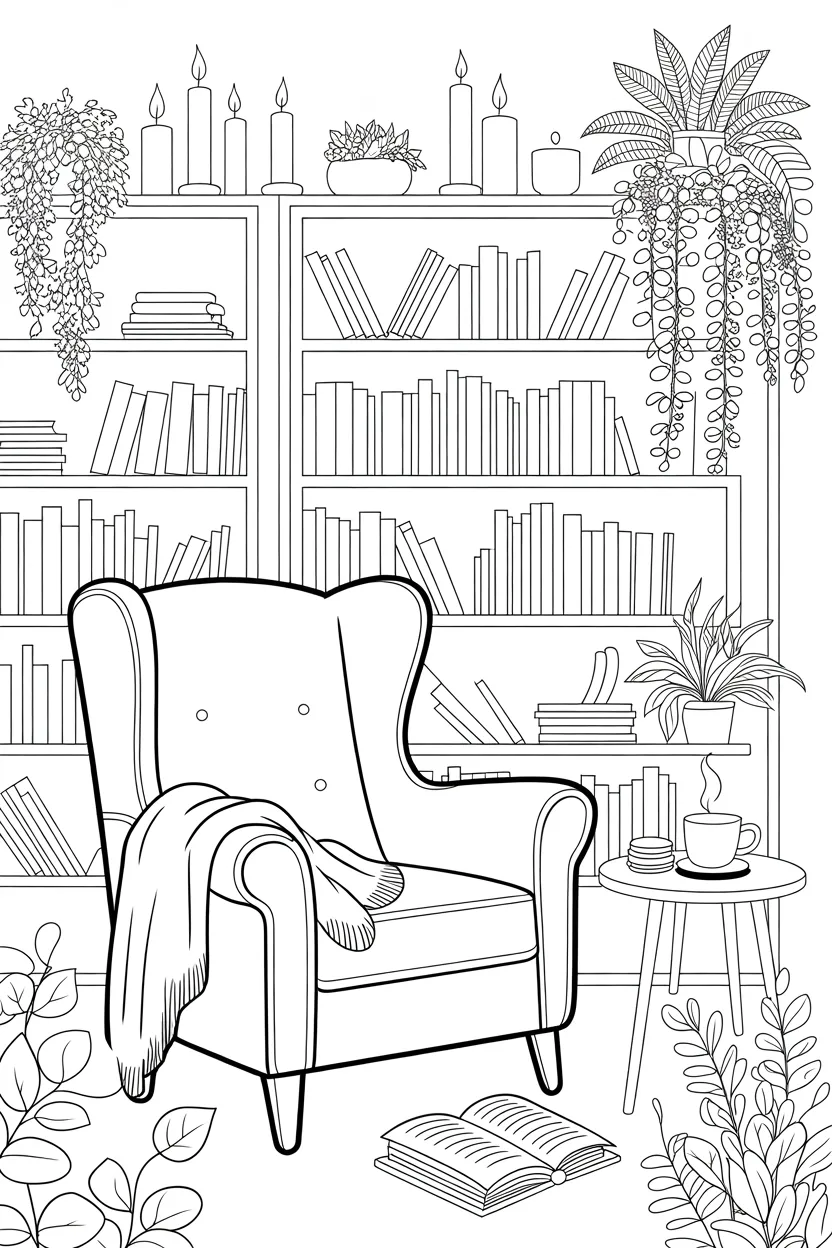 Cozy reading nook Design 1 - Cozy Reading Nook Coloring Pages Free Printable - Relaxing