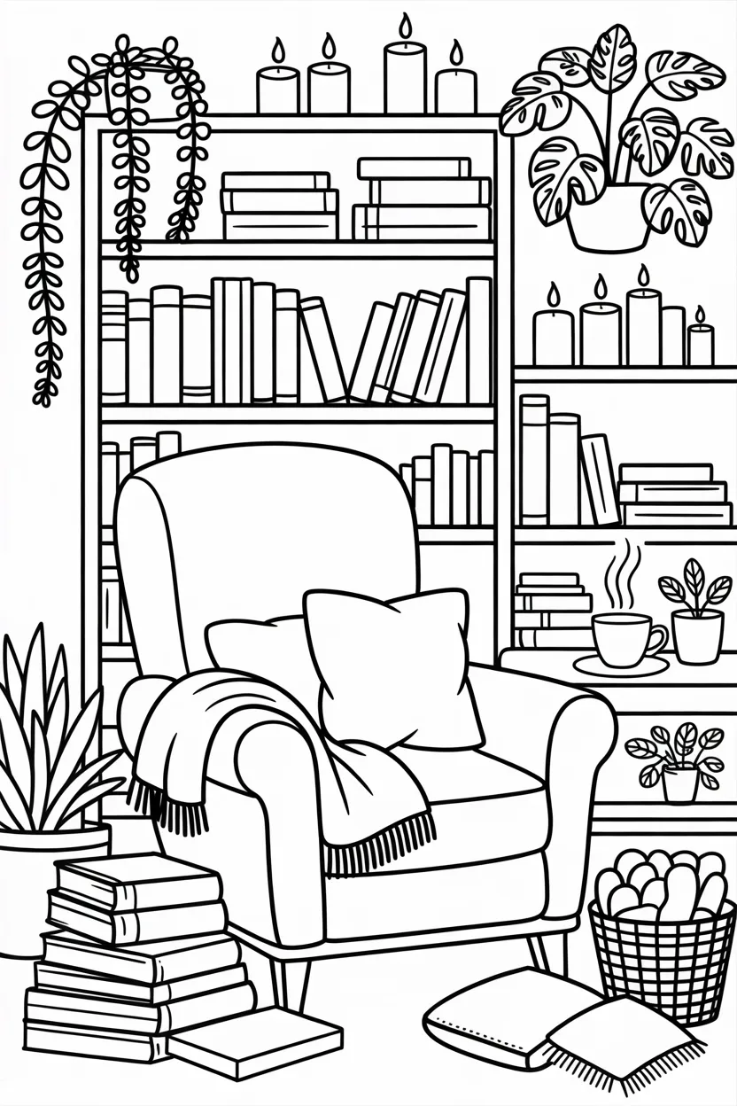 Cozy reading nook Design 2 - Cozy Reading Nook Coloring Pages Free Printable - Relaxing